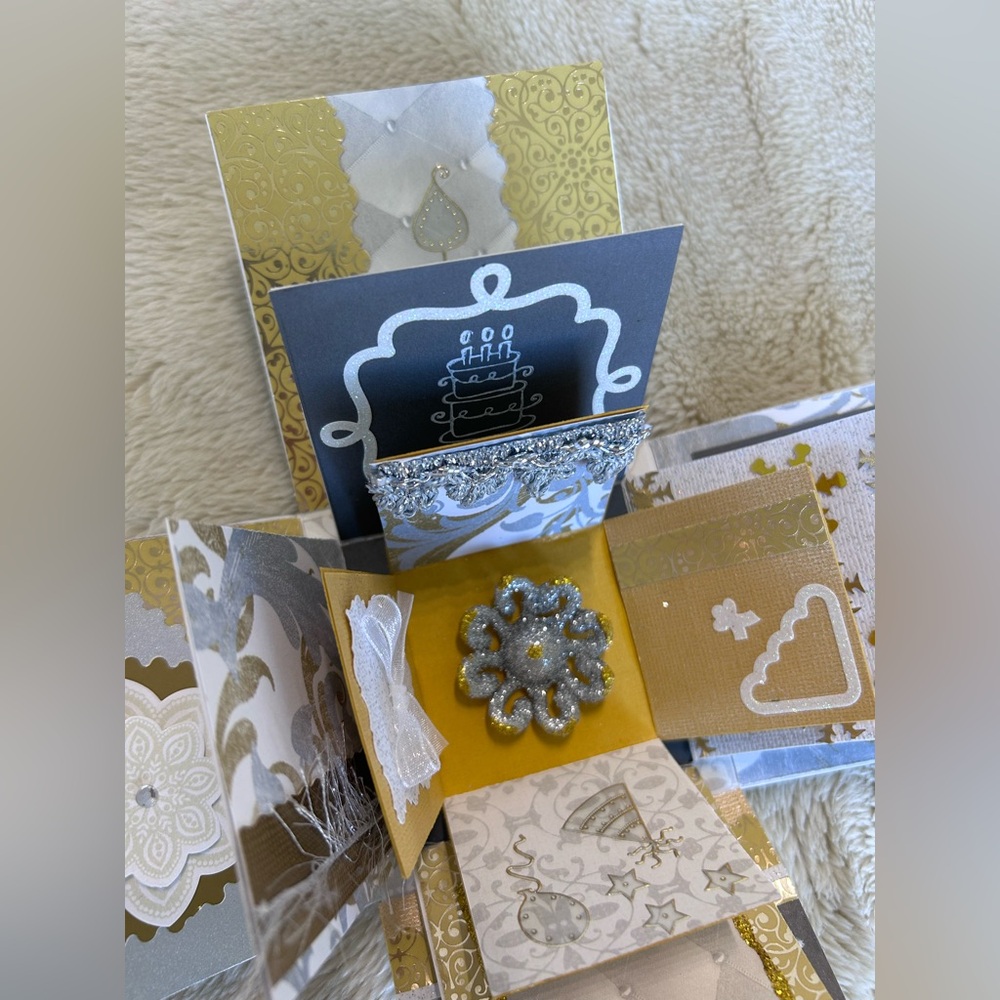 Birthday Card! Elegant gold and silver handmade  3D explosion box birthday card